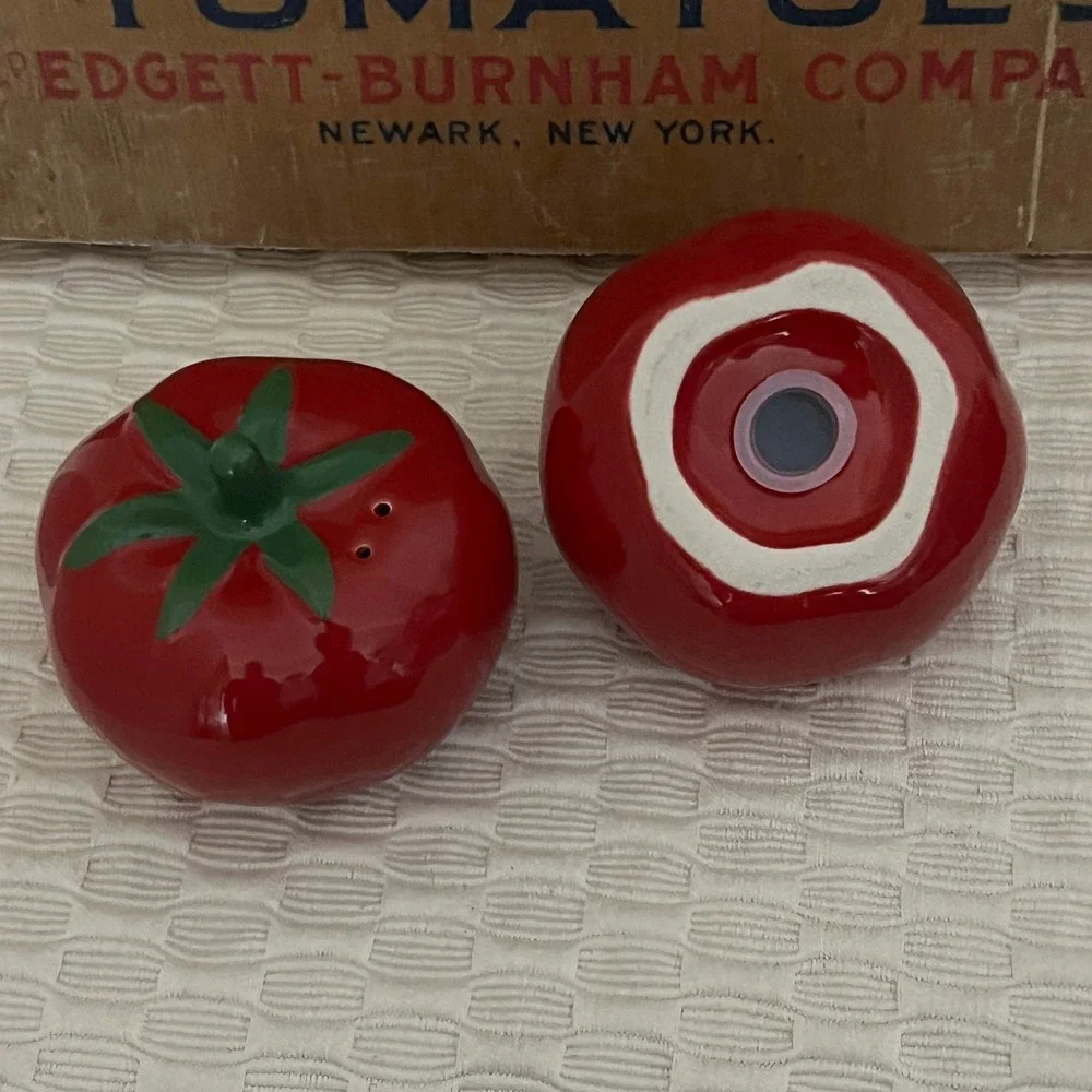 Vintage Red Tomato Salt and Pepper Shakers Ceramic Kitsch Cottagecore Decor Set